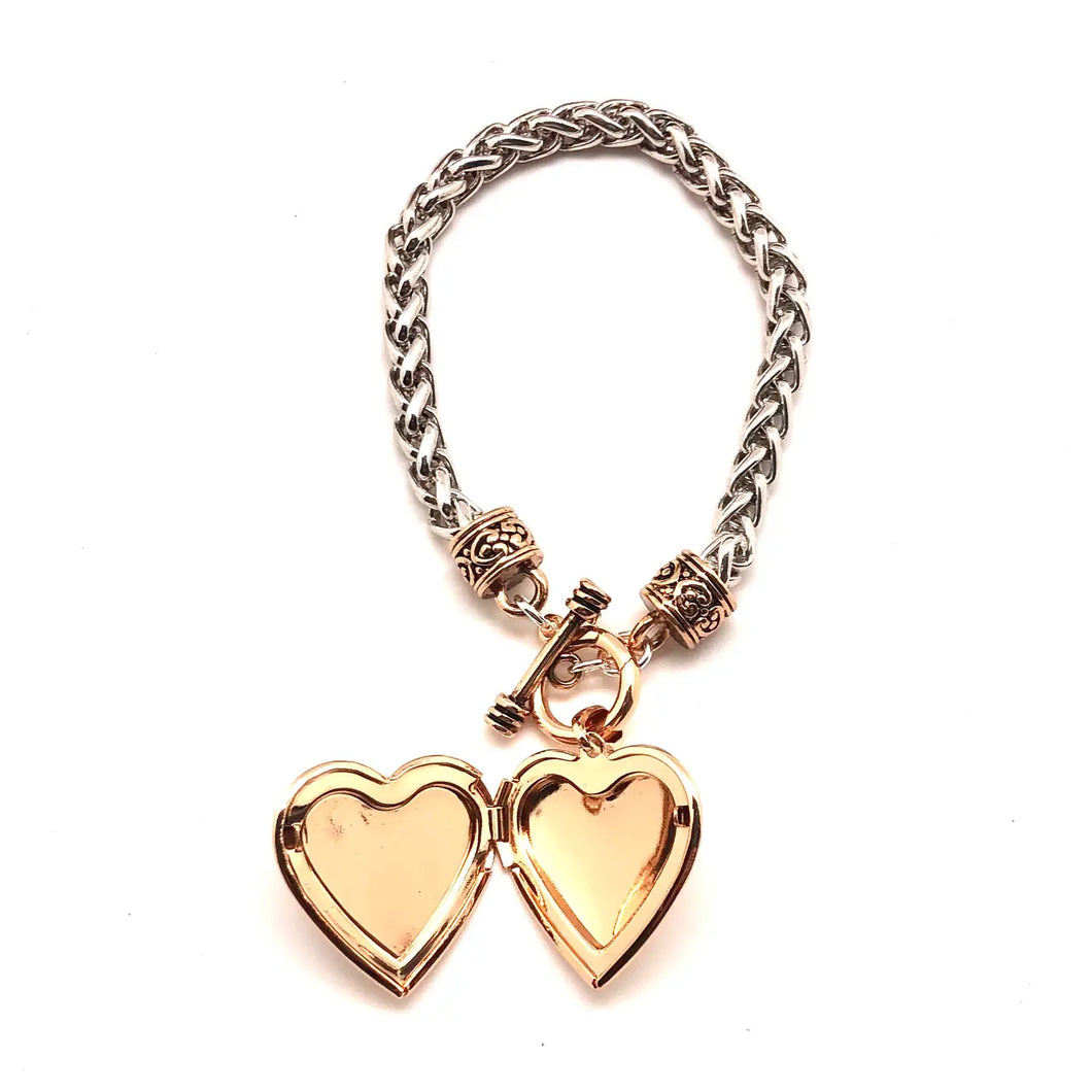 Bracelet Alloy Plated Rope Chain Two Tone W/Heart Locketgold