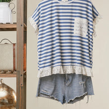 Load image into Gallery viewer, Blue Striped Top with Lace Trim