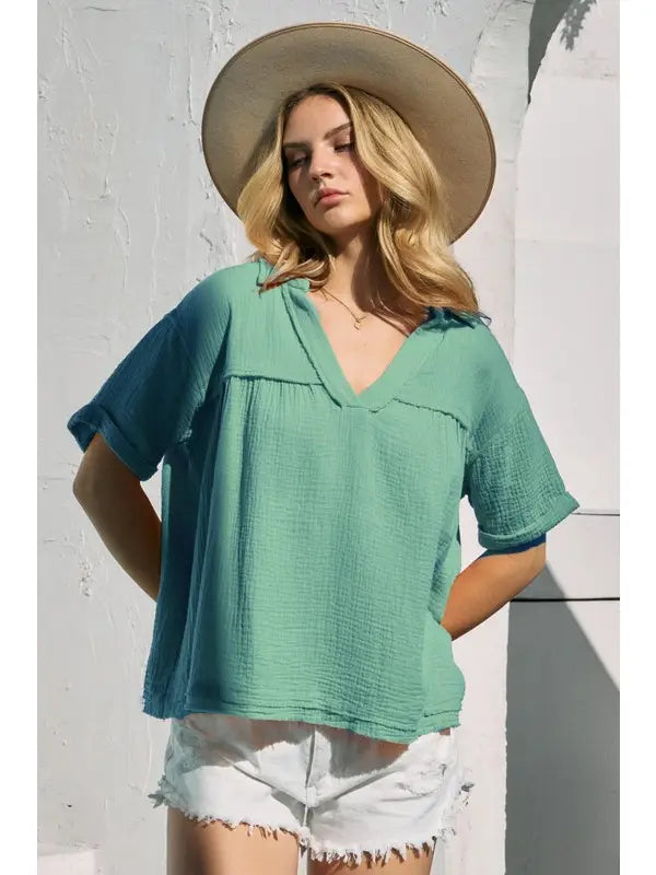 Plus Solid Cotton Gauze Blouse