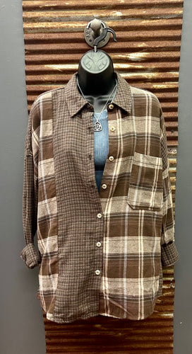 Colorblock Long Sleeve Plaid Top Brown