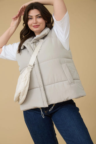 Plus Solid Zip Up Puffer Vest Cement