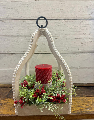 White Wash Beaded Open Lantern With Candle Wreath