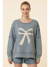 Load image into Gallery viewer, Eyelet Bow Applique Raw Edge Denim Sweatshirt