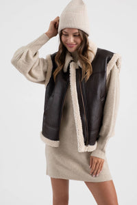 Brown Faux Leather Shearling Vest