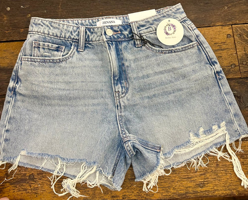 Light Wash Distressed Hem Shorts