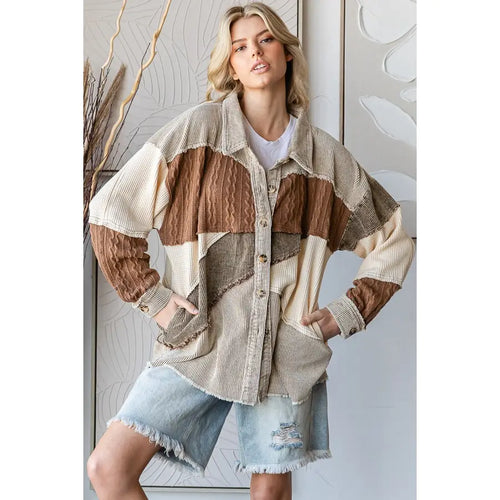 Mineral Washed Colorblock Drop Shoulder Shacket