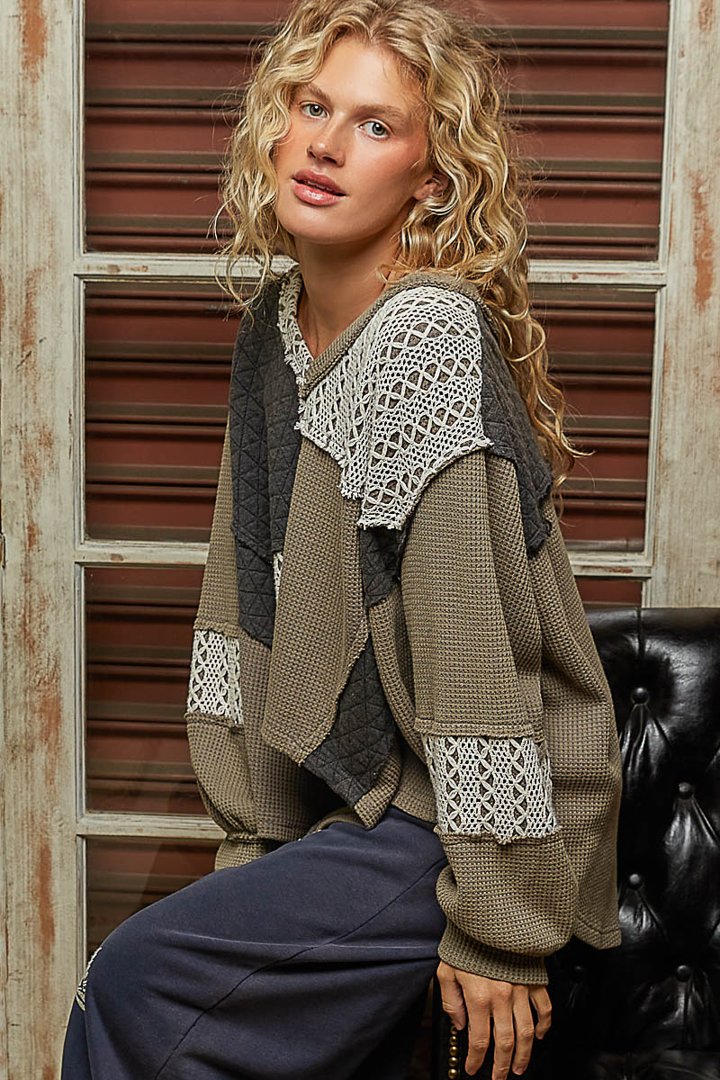 V-Neck Balloon Sleeve Patch Pullover