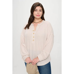 Oatmeal Half Button V Neck