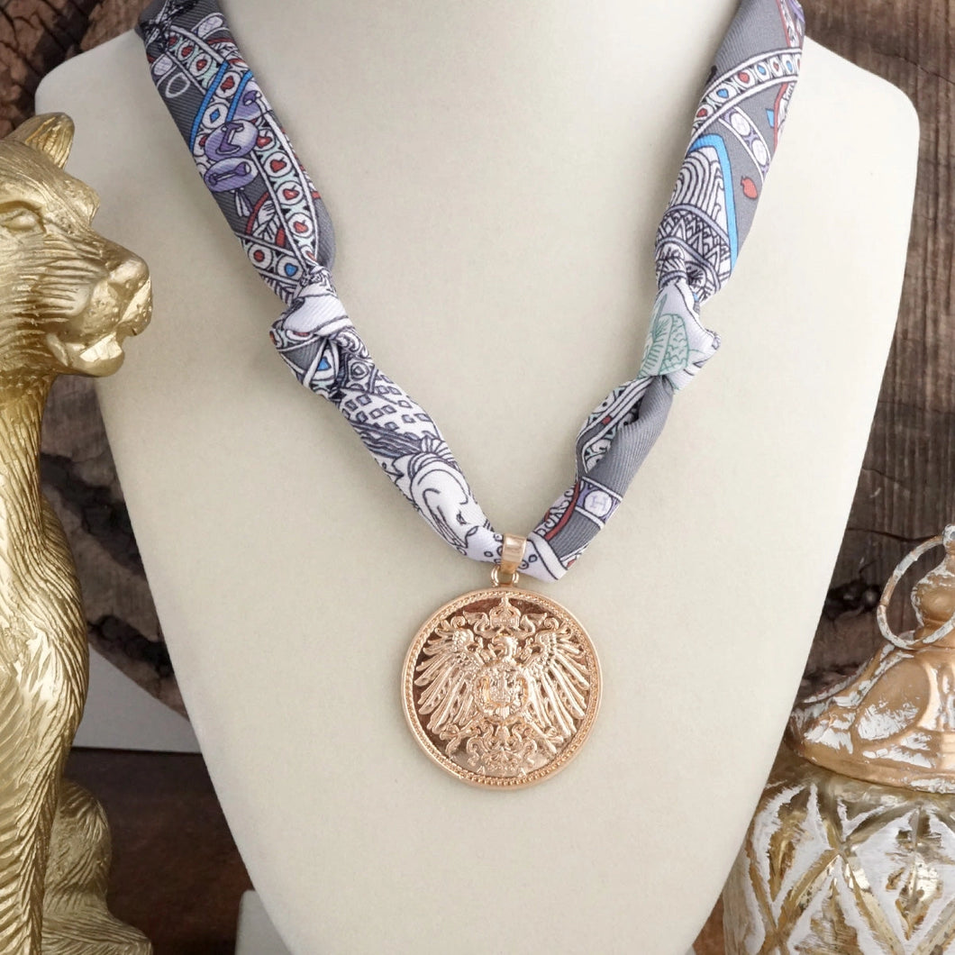 Golden Coin Gray Scarf Necklace
