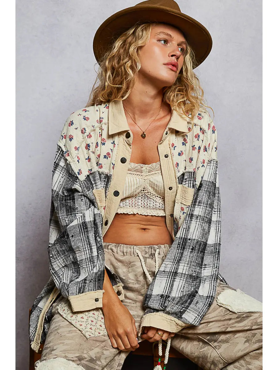 Long Sleeve  Floral Plaid Shacket