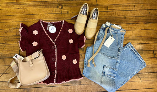 Wine Daisy Ruffled Sweater
