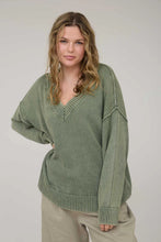 Load image into Gallery viewer, Olive Washed V Neck Long Sleeve Oversized Knit Sweater