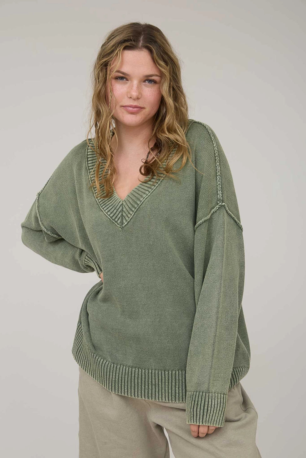 Olive Washed V Neck Long Sleeve Oversized Knit Sweater