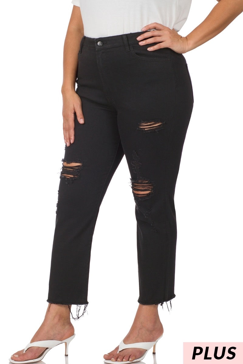 Black Distressed Cropped Jeans