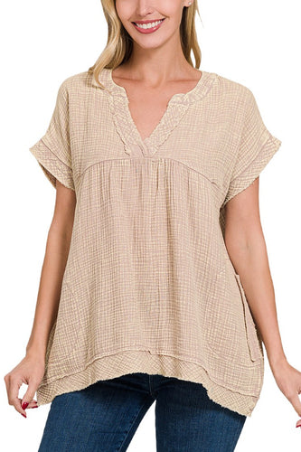 Washed Double Gauze Raw Edge Short Sleeve Shirt Sand Beige