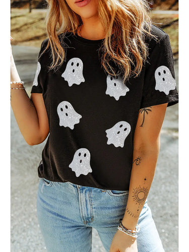Short Sleeve Glitter Ghost Pattern Crew Neck