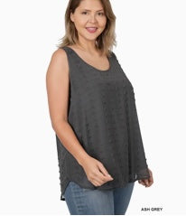 Ash Gray Plus Swiss Dot Sleeveless Round Neck Top