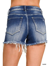 Load image into Gallery viewer, Dark Washed Raw Frayed Hem Denim Shorts