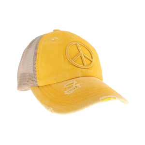 Yellow Distressed Embroidered Peace Peace  Sign Criss Cross High Pony C.C