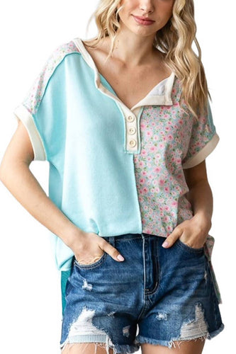 Aqua Floral Colorblock Button Top