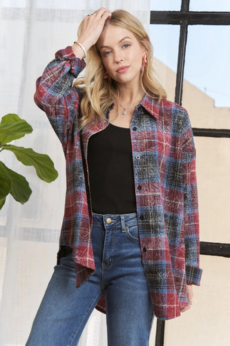 Plaid Long Sleeve Denim Wash Shirt Burgundy