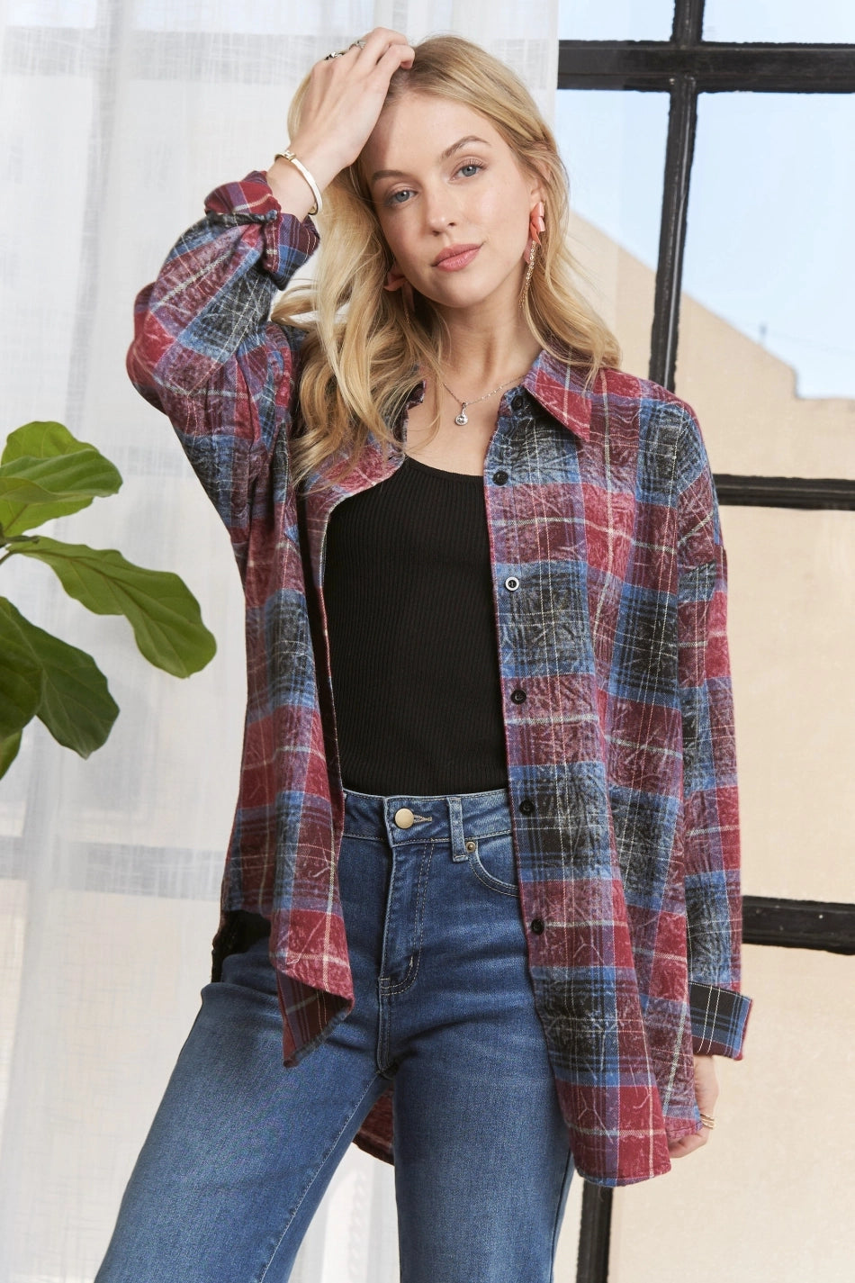 Plaid Long Sleeve Denim Wash Shirt Burgundy