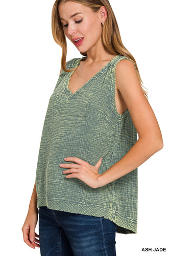Double Gauze Raw Edge Acid Washed Tank Top Ash Jade
