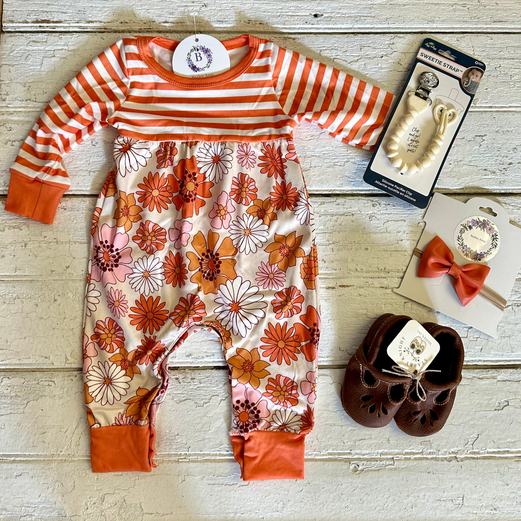Orange Floral Stripe Romper