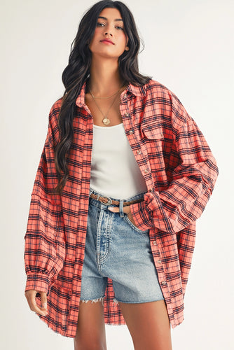 Long Sleeve Side Split Distressed Shirt Red