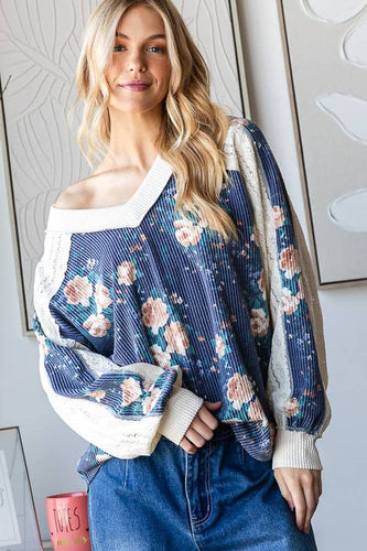 Blue Floral V-neck Pullover