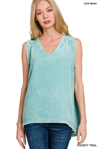 Double Gauze Raw Edge Acid Washed Tank Top Dusty Tealk
