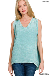 Double Gauze Raw Edge Acid Washed Tank Top Dusty Tealk