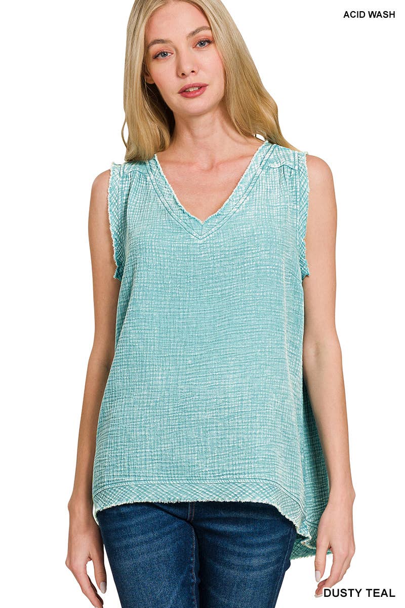 Double Gauze Raw Edge Acid Washed Tank Top Dusty Tealk