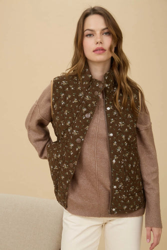 Floral Quilted Zip-Up Puffer Vest Brown