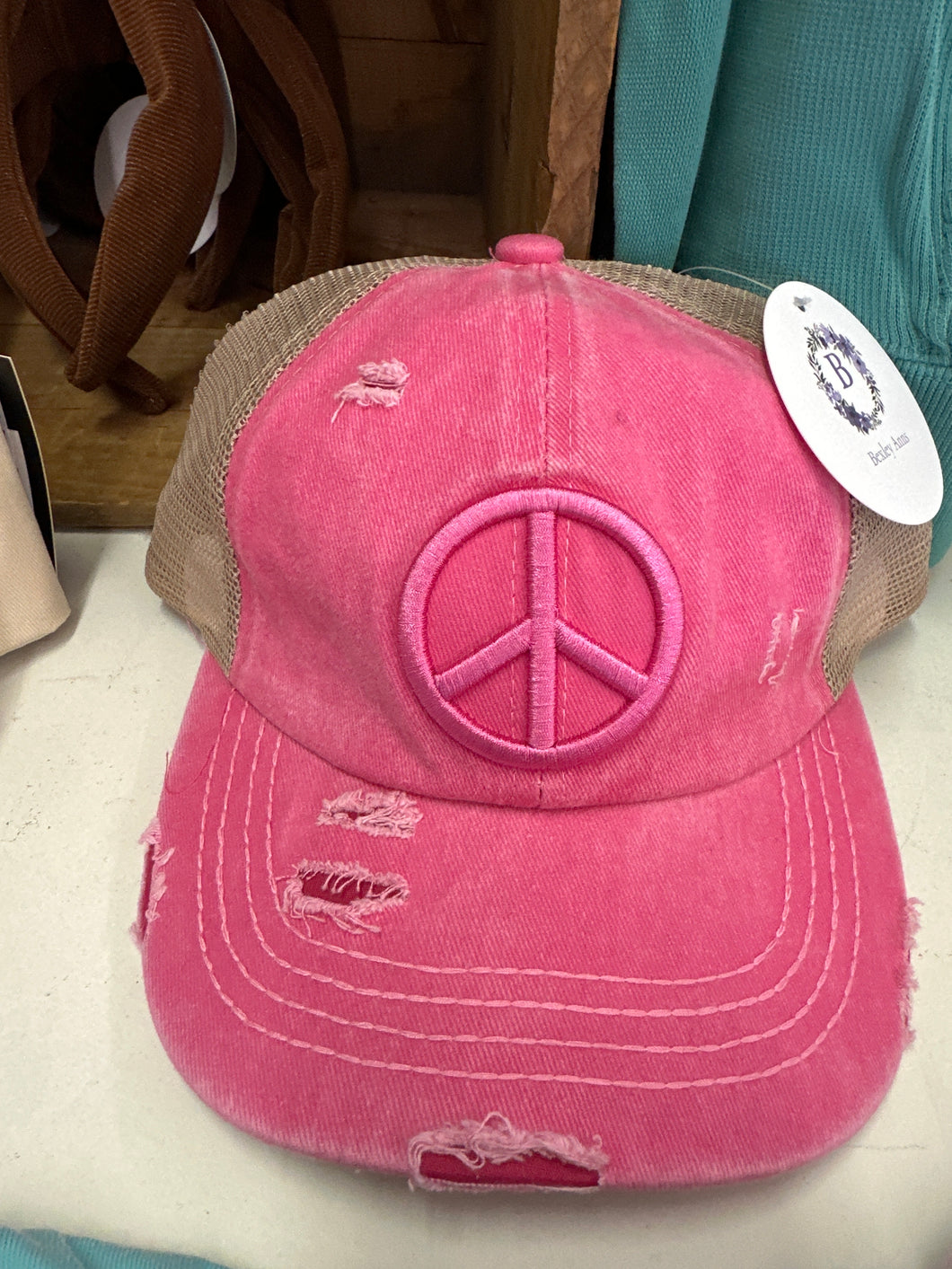 Pink Distressed Embroidered Peace Sign Criss Cross High Pony C.C