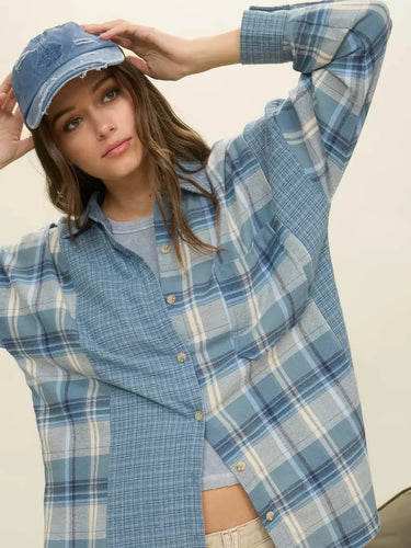 Colorblock Long Sleeve Plaid Top Denim