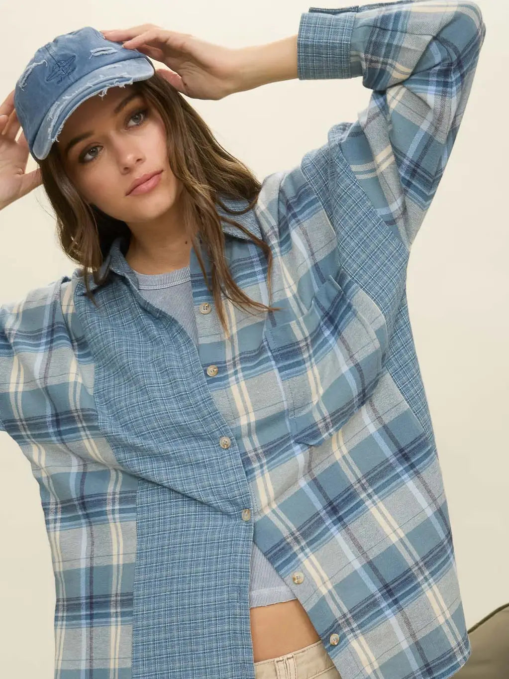 Colorblock Long Sleeve Plaid Top Denim