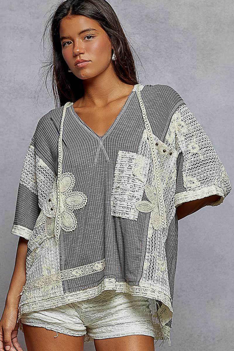 Ribbed Gray Lace Patch Short Sleeve