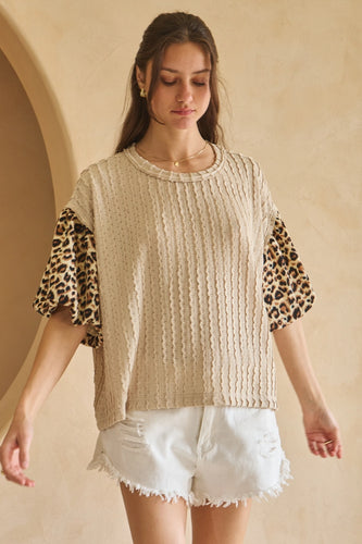 Textured Knit Top with Leopard Sleeves