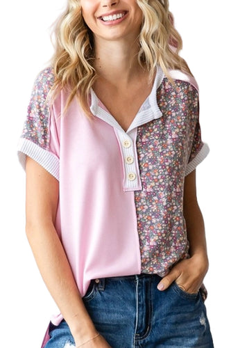 Color Block Floral Print Panel Button Top