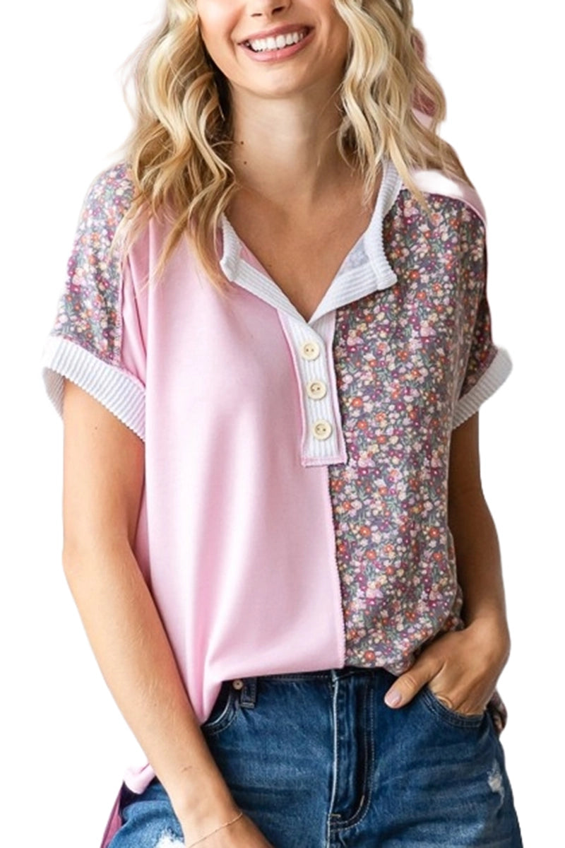 Color Block Floral Print Panel Button Top