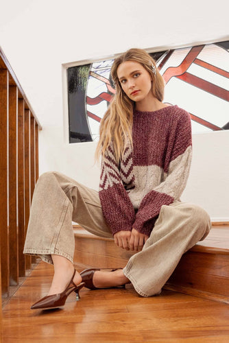 Wine Color Block Chevron Sweater