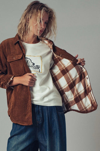 Plaid Lined Corduroy Flannel Shacket Brown