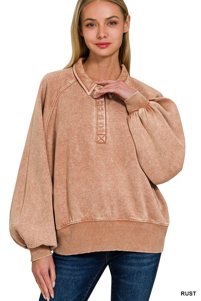 Rust Acid Wash Collared Pullover