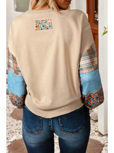 Plaid Patchwork Sleeve Raw Seam Sweatshirt