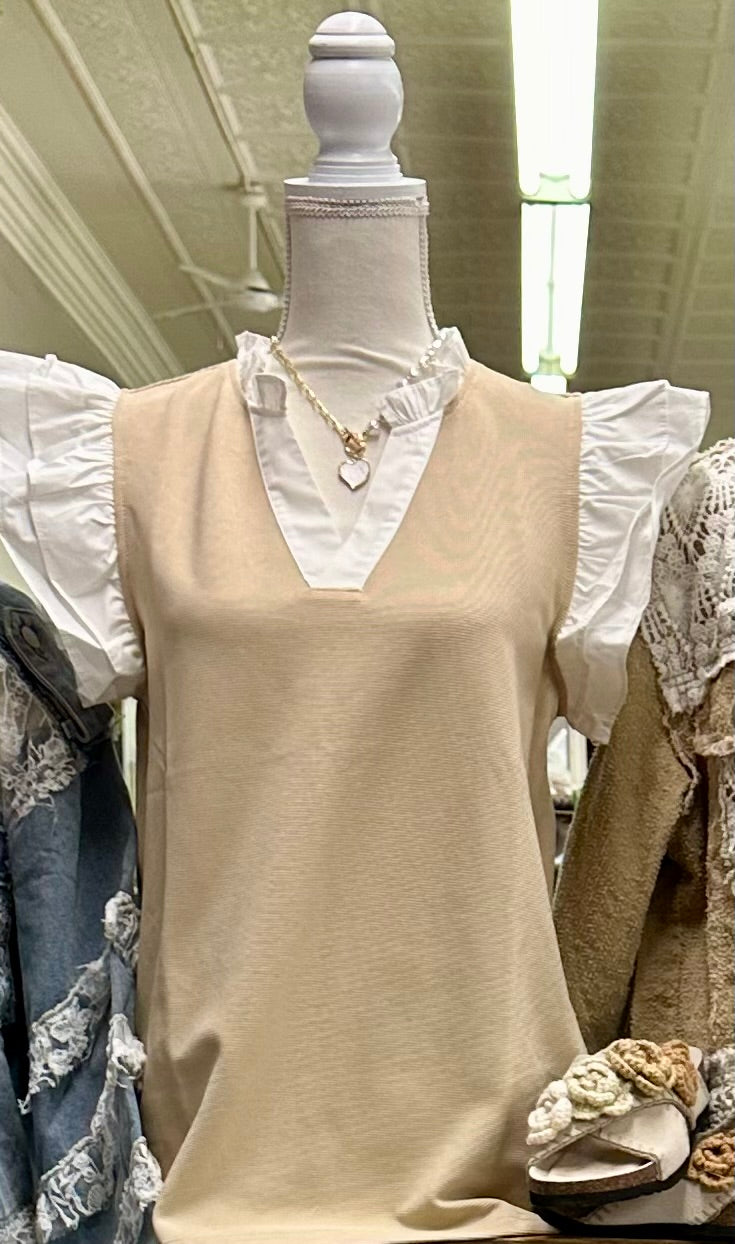 Khaki Textured Ruffle Sleeve Top