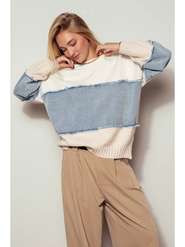 Colorblock Distressed Denim Patchwork Knit Sweater