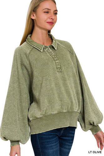 Olive Acid Wash Collared Pullover