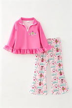 Load image into Gallery viewer, Pink Christmas Long Sleeve Top with Ruffle Hem and Christmas Printed Bottoms.