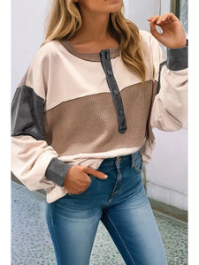 Color Block Waffled Patchwork Loose Henley